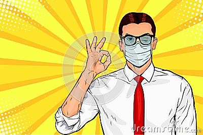 Pop art retro comic style Man in protective face mask. Protection against viruses of coronavirus, bacteria, smog, COVID-19. Vector Illustration